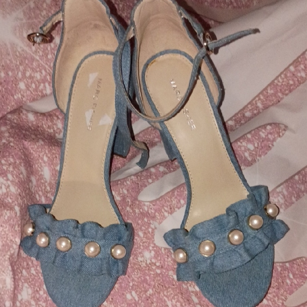 Marc Fisher Blue Denim Heels with Pearl Accents